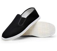 Unisex Handmade Old Beijing Canvas Slip On Shoes, Breathable Stitched Cotton Sole Tai Chi Kung Fu Casual Walking Flat Shoes Black-44