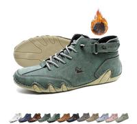 Unisex Handmade Soft Leather High Boots, Beck Shoes Waterproof, Non-Slip Lightweight Breathable Chukka Boots Casual Sneakers for Driving & Hiking Barefoot Shoes(Color:Green+Velvet,Size:44 EU)