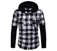Unisex Hooded Plaid Shirts Button Splice Sweatshirt Long Sleeve Lattice Tops Unisex Padded Shirts Hooded Check Jacket Thick Work Wear Warm Thermal Fleece Fur Lined Top Casual Coat Plus Big