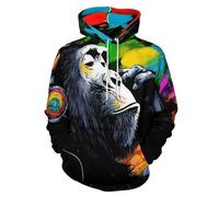 Unisex Hoodies 3D Orangutan Headphones Graffiti Print Pullover Hooded, Abstract Animals Long Sleeve Sweatshirt Hoodies, Novelty Streetwear Drawstring with Big Pockets for Men Women 5XL