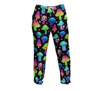 Unisex Jogging Bottoms with Colourful Neon Mushrooms - Casual Trousers with Psychedelic Magic Mushroom Print | Eye-catching Trousers for Festivals and Leisure, style_t01 black, M