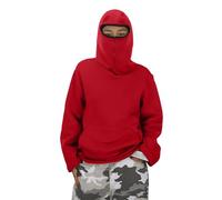 Unisex Kids Balaclava Hoodie Pullover with Zippered Face Mask Fleece Lined Warm Winter Sweatshirt Boys Girls Loose Fit Casual Hooded Jacket with Pocket (Red-A, 13-14 Years)