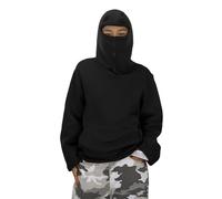 Unisex Kids Balaclava Hoodie Pullover with Zippered Face Mask Fleece Lined Warm Winter Sweatshirt Boys Girls Loose Fit Casual Hooded Jacket with Pocket (Black-A, 11-12 Years)