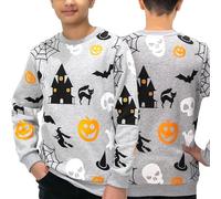 Unisex Kids Boys & Girls Halloween Pumpkin Printed Sweatshirts - Web Skull Cat Melting Skull Sweatshirt - Trick or Treat Costumes - Long Sleeve Tops - Grey (9-10 Years)