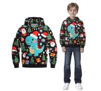 Unisex Kids Funny Christmas Sweatshirt with Hoodie and Crew-Neck Long Sleeve Novelty Xmas Jumpers for Age 5-12 Years Boys Girls(Cartoon Green Dino,7-8Y)