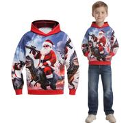 Unisex Kids Funny Christmas Sweatshirt with Hoodie and Crew-Neck Long Sleeve Novelty Xmas Jumpers for Age 5-12 Years Boys Girls(Santa Riding Dino,5-6Y)