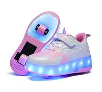 Unisex Kids LED USB Rechargeable Colorful Lights Trainer Roller Skates Shoes with Double Wheels Retractable Lightweight Outdoor Sports Cross Trainers Gymnastic Running Sneakers for Boys Girls
