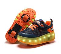 Unisex Kids LED USB Rechargeable Colorful Lights Trainer Roller Skates Shoes with Double Wheels Retractable Lightweight Outdoor Sports Cross Trainers Gymnastic Running Sneakers for Boys Girls