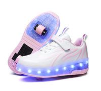 Unisex Kids LED USB Rechargeable Colorful Lights Trainer Roller Skates Shoes with Double Wheels Retractable Lightweight Outdoor Sports Cross Trainers Gymnastic Running Sneakers for Boys Girls