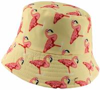 Unisex Kids Reversible Packable Summer Printed Bucket Hat in Flamingos Cream, Size: One Size