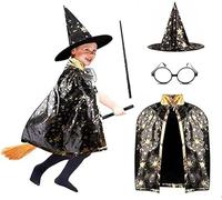 Unisex Kids Wizard Party Costume Cloak Fancy Dress Witch Cape With Wand Hat Glasses Cloth Gift Set for Boys, Girls, Cool Dress For Carnival, Halloween, Pretend Party, Birthday, Cosplay