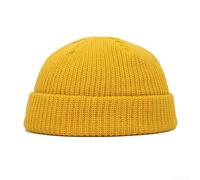Unisex Knitted Beanie Hat, Fisherman Skullcap with Cuff Brimless Design, Sailor Docker Cap for Men Women, Warm Winter Casual Headwear in Black Grey Beige Wine Red(Yellow)