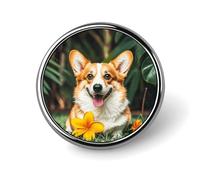 Unisex Lapel Pins Round Lapel Hat Pins Brooches Tropical Flower And Corgi Badge Pins Suitable for Decoration And Giving to Friends, Circular, Aluminum, quartzite