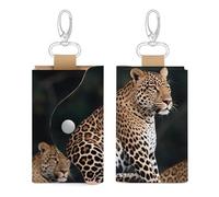Unisex Leather Key Fob Cover Car Key Case Portable Cute And Personalized African Leopard on Rock Printed Key Pouch with Key Chain,Coin Holder And Card Holder