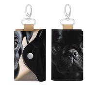 Unisex Leather Key Fob Cover Car Key Case Portable Cute And Personalized Black Pug Dog Puppy Printed Key Pouch with Key Chain,Coin Holder And Card Holder