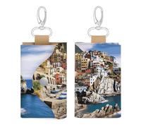 Unisex Leather Key Fob Cover Car Key Case Portable Cute And Personalized Cinque Terre Scenery Printed Key Pouch with Key Chain,Coin Holder And Card Holder