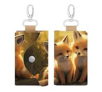 Unisex Leather Key Fob Cover Car Key Case Portable Cute And Personalized Cute Foxes Printed Key Pouch with Key Chain,Coin Holder And Card Holder