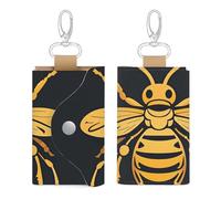 Unisex Leather Key Fob Cover Car Key Case Portable Cute And Personalized Golden Bee Insect Pattern Printed Key Pouch with Key Chain,Coin Holder And Card Holder