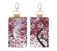 Unisex Leather Key Fob Cover Car Key Case Portable Cute And Personalized Japanese Cherry Tree Printed Key Pouch with Key Chain,Coin Holder And Card Holder
