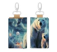 Unisex Leather Key Fob Cover Car Key Case Portable Cute And Personalized Polar Bears Northern Lights Printed Key Pouch with Key Chain,Coin Holder And Card Holder