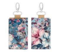 Unisex Leather Key Fob Cover Car Key Case Portable Cute And Personalized Romantic Natural Flowers Printed Key Pouch with Key Chain,Coin Holder And Card Holder