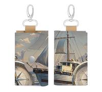 Unisex Leather Key Fob Cover Car Key Case Portable Cute And Personalized Ship And Compass Printed Key Pouch with Key Chain,Coin Holder And Card Holder