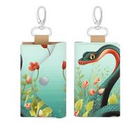 Unisex Leather Key Fob Cover Car Key Case Portable Cute And Personalized Snake And Flower Printed Key Pouch with Key Chain,Coin Holder And Card Holder
