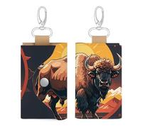 Unisex Leather Key Fob Cover Car Key Case Portable Cute And Personalized Wild American Bison Mountains Printed Key Pouch with Key Chain,Coin Holder And Card Holder