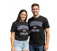 Unisex London England Applique Embroidery T-Shirt | Premium Cotton Tee with Union Jack Patch | 4 Colors | Sizes XS-4XL (UK, Alpha, M, Regular, Regular, Black)