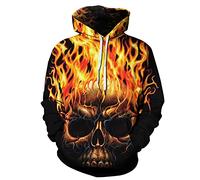 Unisex Long Sleeve Sweatshirts 3D Flame Skull Print Hoodie Women Fashion Hit Color Pullover Lightweight Drawstring Sportswear