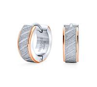 Unisex Matte Carved Diagonal Slashes Wide Hoop Huggie Earrings For Men Women Rose Gold Edge Two Tone Stainless Steel Stardust Finish