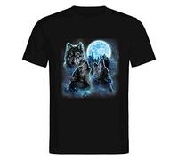 Unisex Men T Shirt-Three Wolves Howling and Moon, Wolf Black