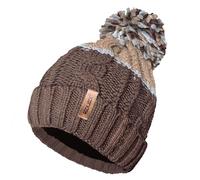 Unisex Mens Ladies Warm Winter Chunky Colour Block Ski Bobble Pompom Hat with Cosy Thermal Teddy Fleece Liner-Choc/Camel