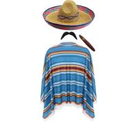 Unisex Mexican Poncho & Blue Sombrero Hat Costume - Multicoloured Poncho, Straw Fiesta Hat, Fake Moustache & Cigar - Funny Fancy Dress for Festivals, Parties, Fiestas & Stag Dos