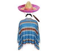 Unisex Mexican Poncho & Pink Sombrero Hat Costume - Multicoloured Poncho, Straw Fiesta Hat, Fake Moustache & Cigar - Funny Fancy Dress for Festivals, Parties, Fiestas & Stag Dos