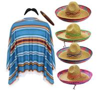 Unisex Mexican Poncho & Red Sombrero Hat Costume - Multicoloured Poncho, Straw Fiesta Hat, Fake Moustache & Cigar - Funny Fancy Dress for Festivals, Parties, Fiestas & Stag Dos