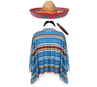 Unisex Mexican Poncho & Sombrero Hat Costume Set - Multicoloured Poncho, Straw Fiesta Hat, Fake Moustache & Cigar - Funny Fancy Dress for Festivals, Parties, Fiestas & Stag Dos
