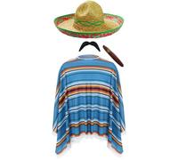 Unisex Mexican Poncho & Sombrero Hat Costume Set - Multicoloured Poncho, Straw Fiesta Hat, Fake Moustache & Cigar - Funny Fancy Dress for Festivals, Parties, Fiestas & Stag Dos
