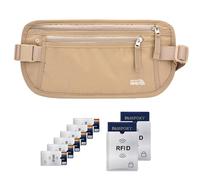 Unisex Money Belt For Men and Women, Slim Passport Holder RFID Blocking Travel Pouch with Adjustable Strap Small Waist Pouch for Workout Running Travelling Hiking, Beige & 6 Sleeves, M