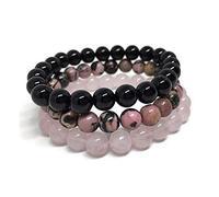 Womens 8mm Black Onyx Rhodonite Rose Quartzs Beaded Wrist Men Women Natural Stone Bracelet Sets Stackable Mala Bracelets, One Size, Zinc