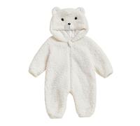 Unisex Newborn Baby Bear Outfit Girl Romper Boy Snowsuit Long Sleeve Zip Up Hooded Jumpsuit Fluffy Plush Overalls Warm Winter Outwear Clothes (White, 0-3 Months)