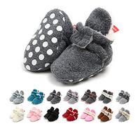Unisex Newborn Winter Boots Warm Stripe Bootie Baby Fleece Booties Non-Slip Sole Soft Stay On Ajustable Bootie Sock Crib Shoes for Baby Boys Girls (0-6 Months, Navy Gray)