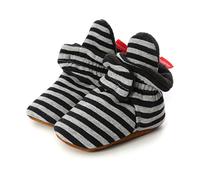 Unisex Newborn Winter Boots Warm Stripe Bootie Baby Fleece Booties Non-Slip Sole Soft Stay On Ajustable Bootie Sock Crib Shoes for Baby Boys Girls (6-12 Months, Stripe - Dark Black)