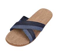 Unisex Non-Slip Linen Flip Flops Summer Couples Mule Sandals Home Open Toe Slippers Moisture Wicking Flax Sole Indoor Flats Shoes Slippers Breathable Floor Drag Dark Blue