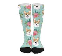 Unisex Novelty Crew Socks,Corgi Head Floral Cute Corgis Dogs Pink Floral Mid Calf Dress Socks Sports Socks Knee High Athletic Long Tube Stockings for Girls Women