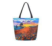 Unisex Oil Painting Sunset Poppy Flower Reusable Foldable Casual Stylish Grocery Shopping Shoulder Bags Tote Bag For Beach Travel Work School