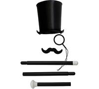 UNISEX OLD FASHIONED VICTORIAN ACCESSORY SET - BLACK SATIN BELL TOP HAT, MONOCLE, FAKE CURLY TASH AND WALKING CANE