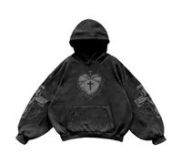 Unisex Oversized Hoodie with Holy Heart Motif - Gothic Style Thorn Print Hoodie | Washed Streetwear Pullover n15