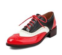 Unisex Oxford Shoes Women Two Tone Perforated Wingtip Brogue Retro Low Heel Lace up Saddle Shoes Spectator Crown Patent Red Plus Size 38
