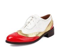 Unisex Oxford Shoes Women Two Tone Perforated Wingtip Brogue Retro Low Heel Lace up Saddle Shoes Spectator Crown Patent Red Plus Size 44
